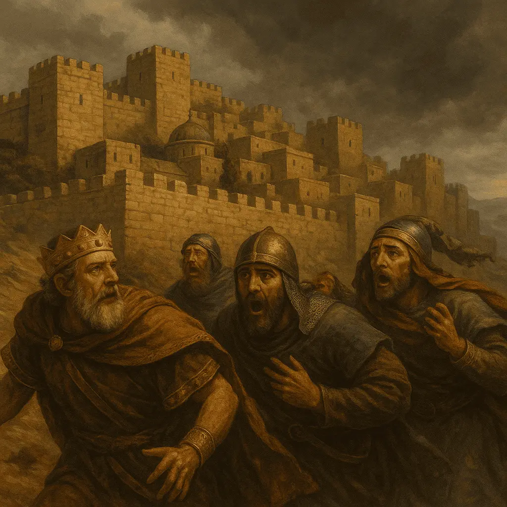 Cena de reis fugindo de uma cidade fortificada, simbolizando a proteção e justiça de Deus descritas no salmo 48 completo.